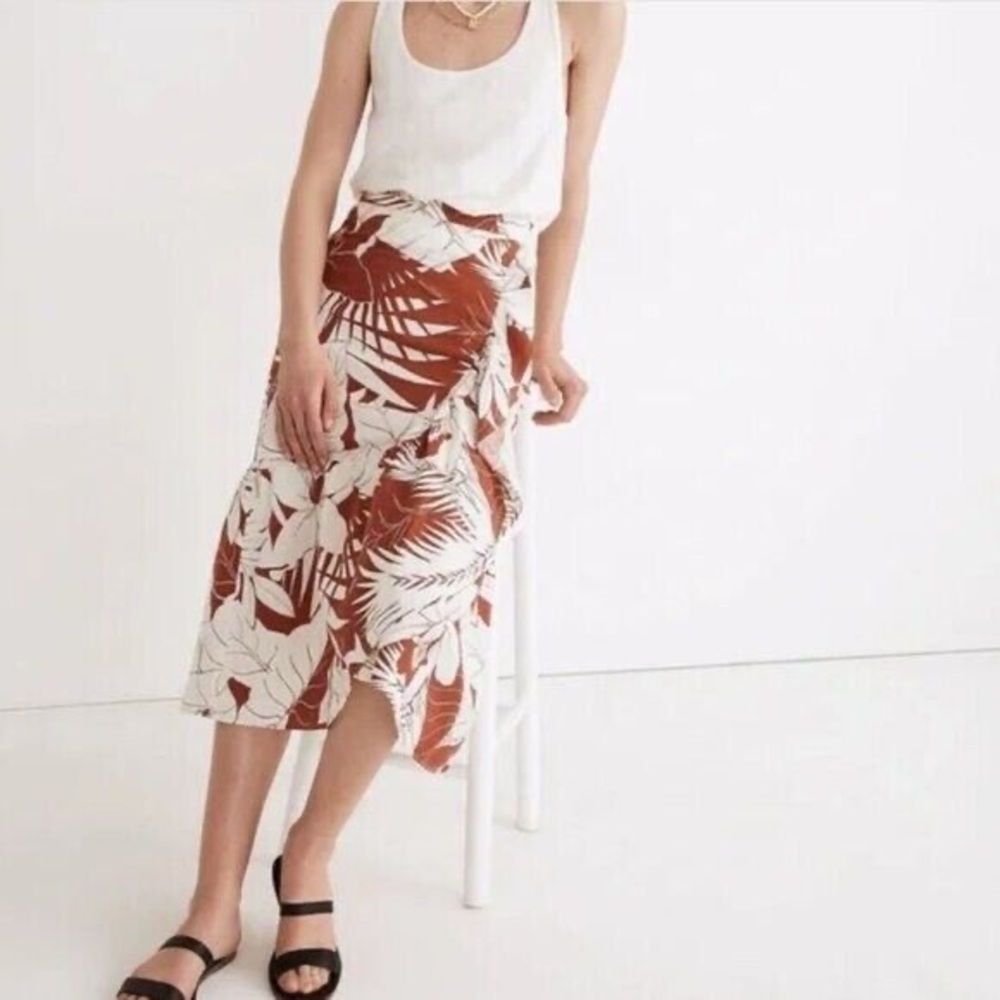 Madewell Linen-Blend Ruffle-Wrap Midi Skirt in Tropical Vacation Size:8